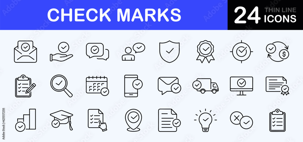 Check marks web icons set. Approved marks sign - simple thin line icons collection. Containing accepted document, quality check, approved, check list, warranty and more. Simple web icons set Check marks web icons set. Approved marks sign - simple thin line icons collection. Containing accepted document, quality check, approved, check list, warranty and more. Simple web icons set