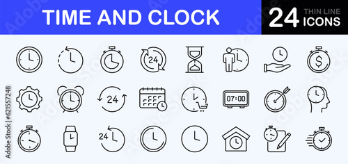 Time and clock web icons set. Time and clock - simple thin line icons collection. Containing timer, countdown, hour, calendar, alarm, date and more. Simple web icons set