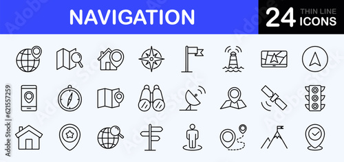Navigation web icons set. Locations - simple thin line icons collection. Containing route map, navigation, map with a pin, location, direction, maps, traffic and more. Simple web icons set