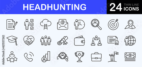 Headhunting web icons set. Head hunting - simple thin line icons collection. Containing job interview, hiring process, candidat, team, Career Path, Resume and more. Simple web icons set