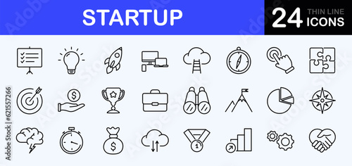 Startup web icons set. Startup - simple thin line icons collection. Containing strategy, business innovation report, development plan, startup space rocket and more. Simple web icons set