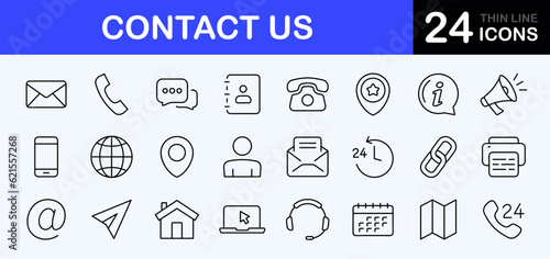 Contact us web icons set. Contact us - simple thin line icons collection. Containing mail, web site, chat, phone, email address, customer service, call symbol and more. Simple web icons set
