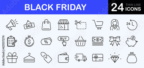 Black friday web icons set. Shopping - simple thin line icons collection. Containing promotions, coupon, discounts shopping, shopping cart and more. Simple web icons set
