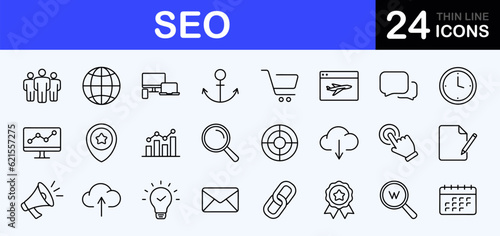 SEO web icons set. Search Engine Optimization - simple thin line icons collection. Containing target, website stats, watch list, marketing and more. Simple web icons set