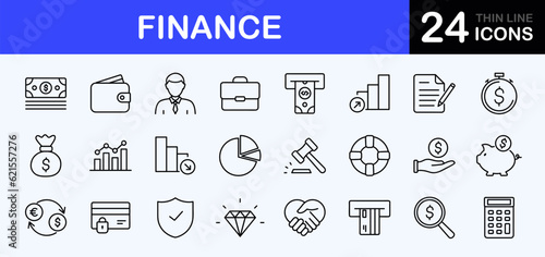 Finance web icons set. Money - simple thin line icons collection. Containing wallet, ATM, bundle of money, hand with a coin, portfolio analysis, financial report and more. Simple web icons set