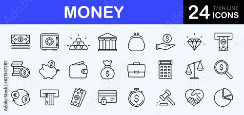 WebMoney web icons set. Finance - simple thin line icons collection. Containing wallet, ATM, piggy bank, cash, credit cards, money bag, currency exchange, coins and more. Simple web icons set photo
