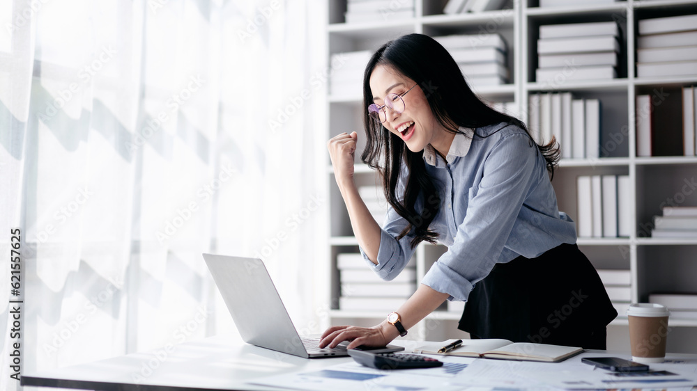 Accounting business concept, Accountant woman reads good news on Accounting business concept, Accountant woman reads good news on