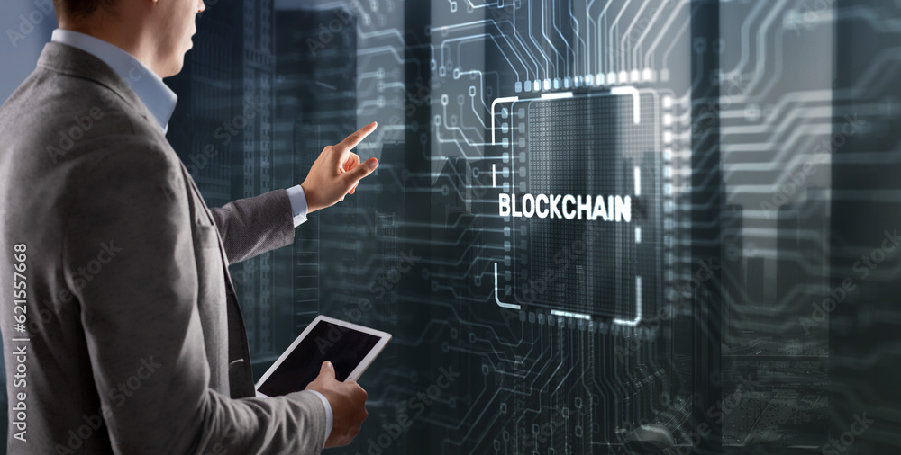 Block Chain concept . Distributed ledger technology. Businessman clicking on virtual screen Block Chain Block Chain concept . Distributed ledger technology. Businessman clicking on virtual screen Block Chain