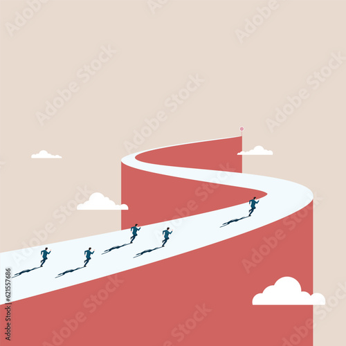 Businessman team running on away winding path
