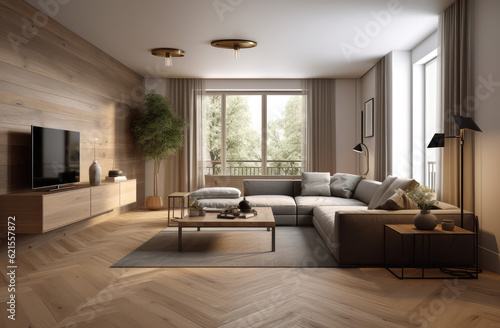 an apartment with wooden cabinets  in the style of photo-realistic landscapes  light-filled  light white and light amber  light white and light brown