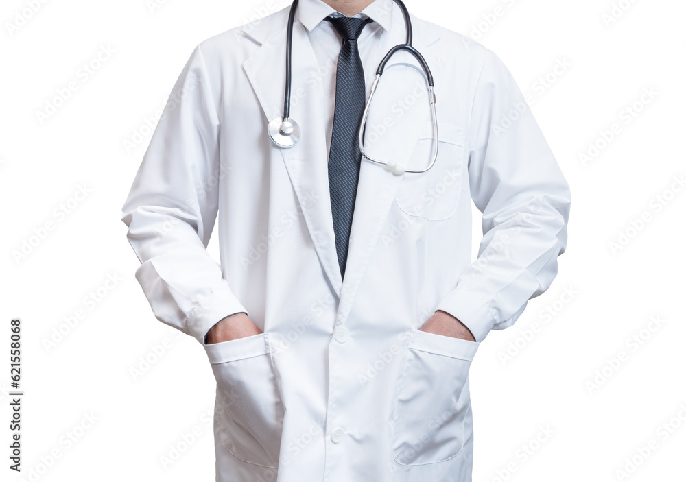 Doctor is standing and his hands in his lab coat on the white background. Medical concept. Medical information search concept. The concept of treating disease. Insurance concept. Doctor is standing and his hands in his lab coat on the white background. Medical concept. Medical information search concept. The concept of treating disease. Insurance concept.