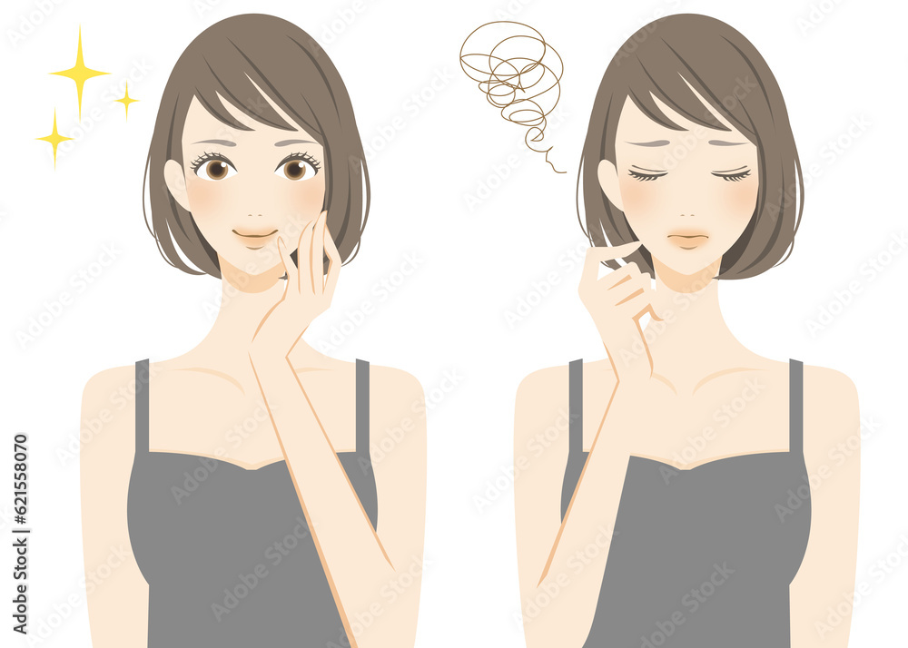 健康と美容 笑顔と悲しむ表情のイラストセット