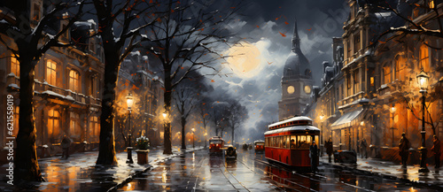 a painting of a night scene with people and a tram on a street Generated by AI © 文广 张