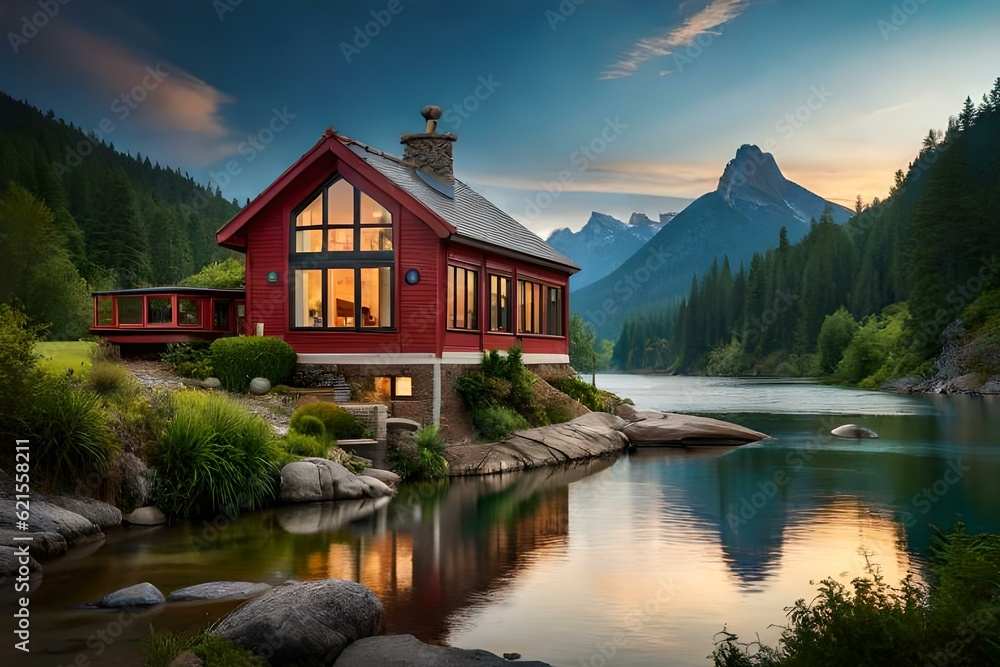 Fototapeta premium breathtaking image of a small red house perched atop a rugged cliff overlooking a serene river. 