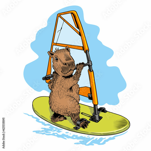 Capybara windsurfer sailing on the windsurf board. Comic style vector illustration.