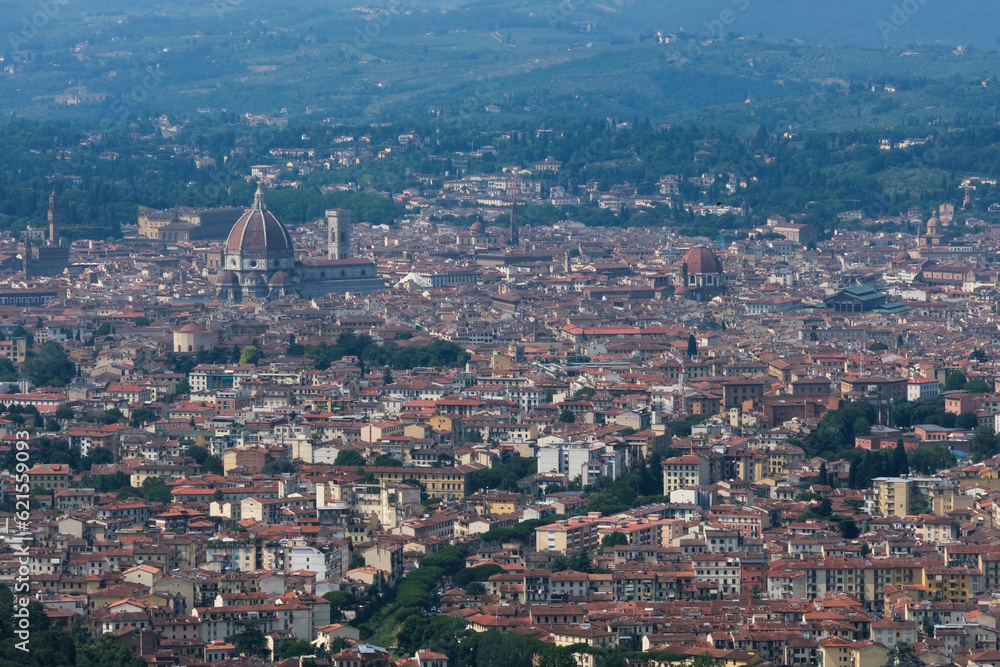 Panorama di Firenze da un punto panoramico di Fiesole, Toscana, Italia.