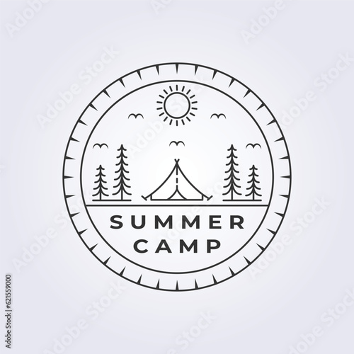 Emblem logo line art vector illustration design summer camp and outdoor adventure