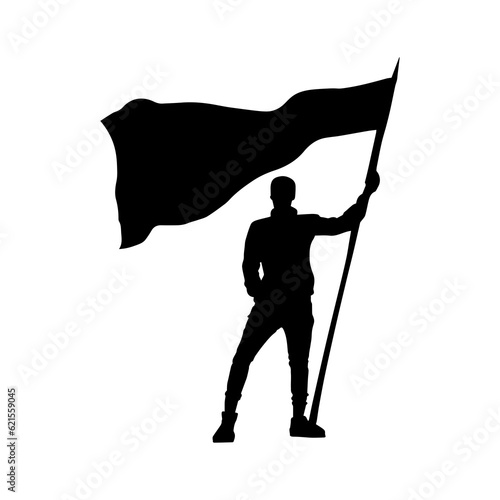 Vector illustration. Silhouette of a guy with a flag in his hands.
