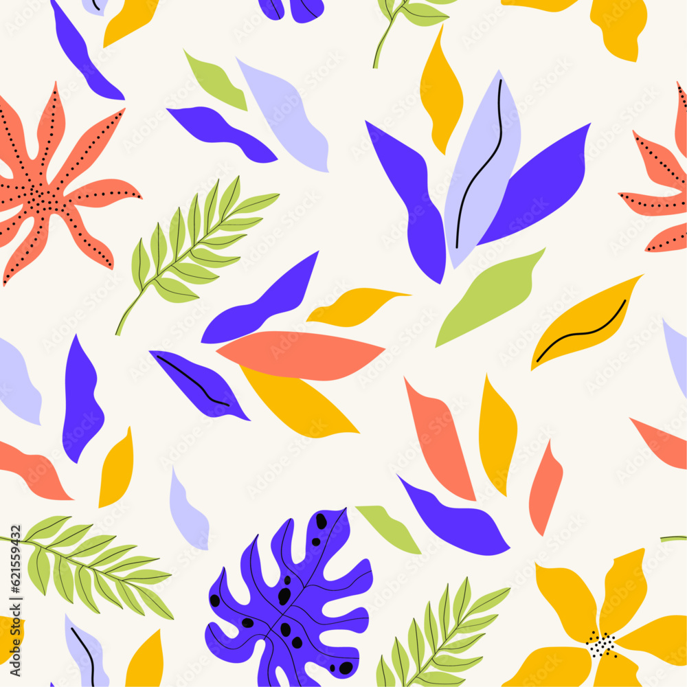 Hand drawn botanical multicolored collage. Abstract floral background. Random leaves and flowers. Colorful print. Artistic seamless pattern.