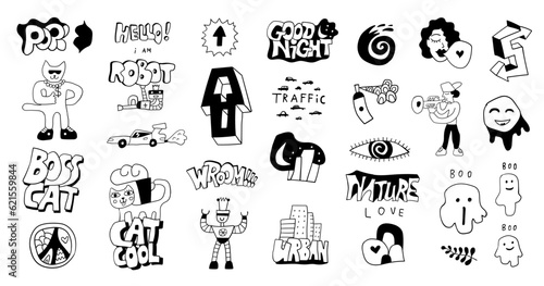  funny doodles grahic set  characters and lettering   hand drawn sign and symbols  isolated  vector background street art style