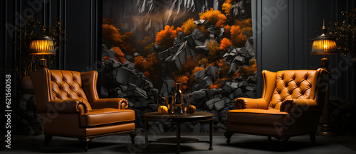 a brown leather chairs in front of a large painting Generated by AI