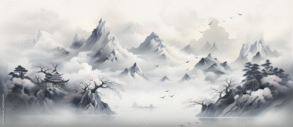 the landscape depicts a mountainous view of a temple Generated by AI