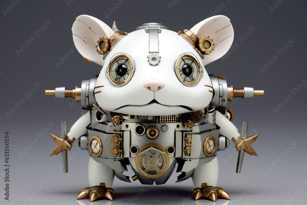 A white and gold robot mouse sitting on top of a table. Generative AI. Mechanical creature. A white and gold robot mouse sitting on top of a table. Generative AI. Mechanical creature.