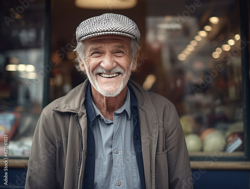 Happy elderly man with gray hair and a beard in a cap, with a cheerful smile, AI Generation