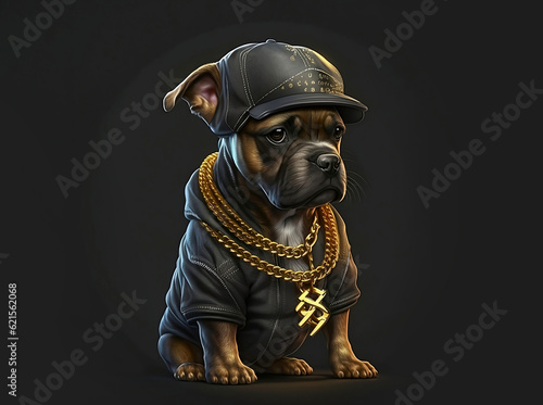 Cool dog in a jacket, cap and gold chain. Super realistic dog. Printing on a T-shirt, jacket, sweatshirt. Prints for clothes. Wallpaper, screensaver. Banner. AI