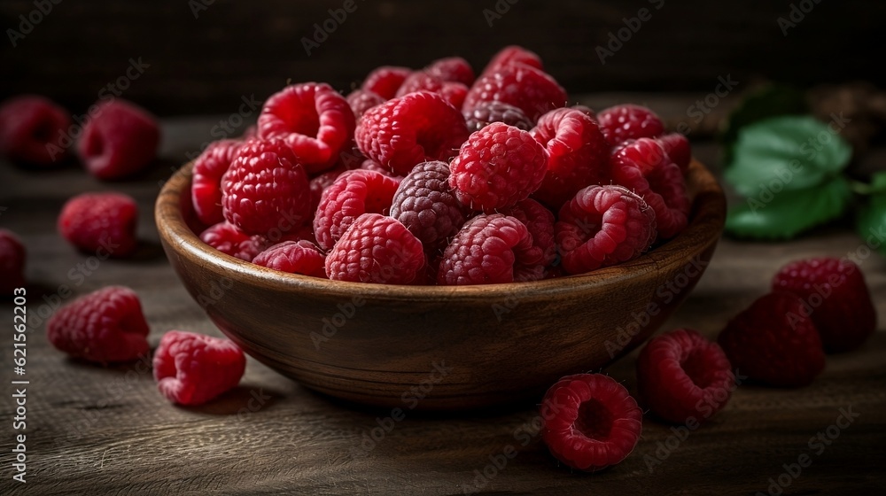 Fresh raspberries on a wooden background. Generative AI Fresh raspberries on a wooden background. Generative AI