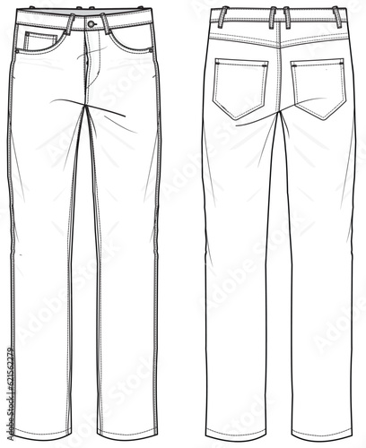 Men's denim jeans trouser pants front and back view flat sketch fashion illustration, five pockets denim pants vector template