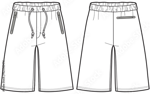 Men's oversize Sweat shorts front and back view flat sketch fashion illustration, Knitted Jogger short vector template