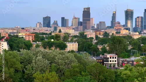 Aerial, drone panorama of Warsaw city during sunset. View from Park Moczydlo. photo