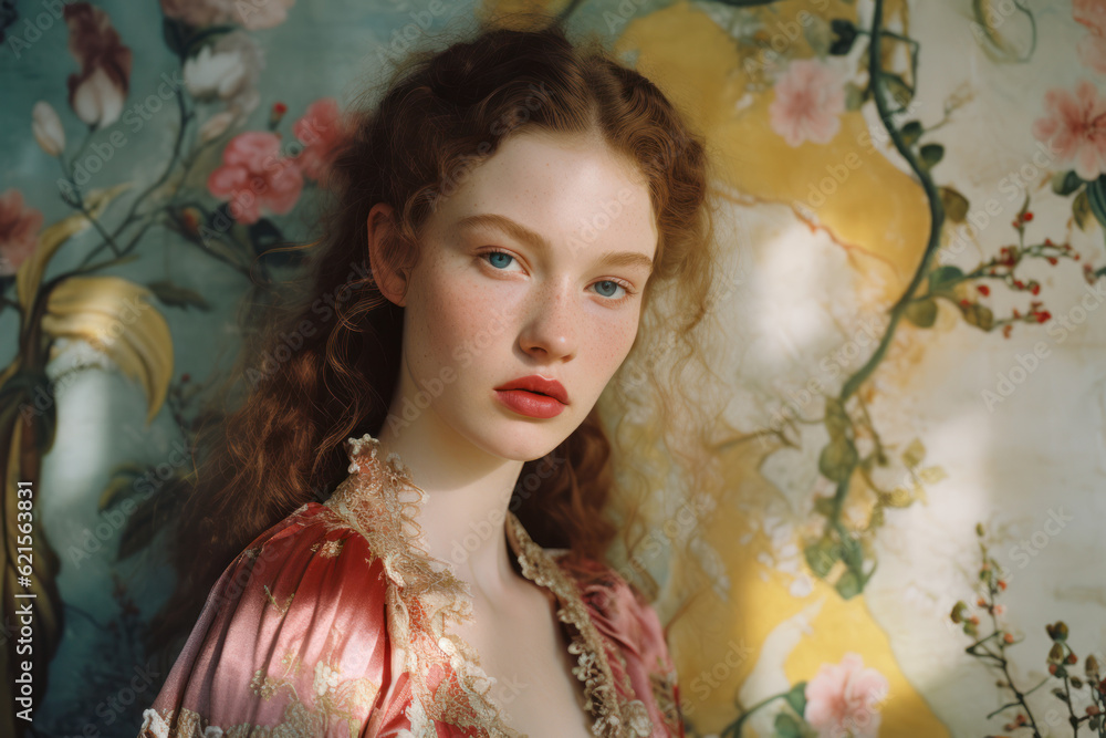 portrait of a woman/model/book character standing in front of floral wallpaper with a thoughtful expression in a fashion/beauty editorial magazine style film photography look - generative ai art portrait of a woman/model/book character standing in front of floral wallpaper with a thoughtful expression in a fashion/beauty editorial magazine style film photography look - generative ai art