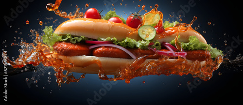 a hot dog with several toppings sitting in water Generated by AI