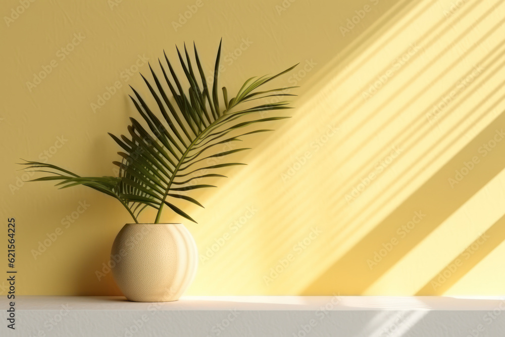 Yellow wall and palm leaf background. Product presentation. Generative ai. Yellow wall and palm leaf background. Product presentation. Generative ai.