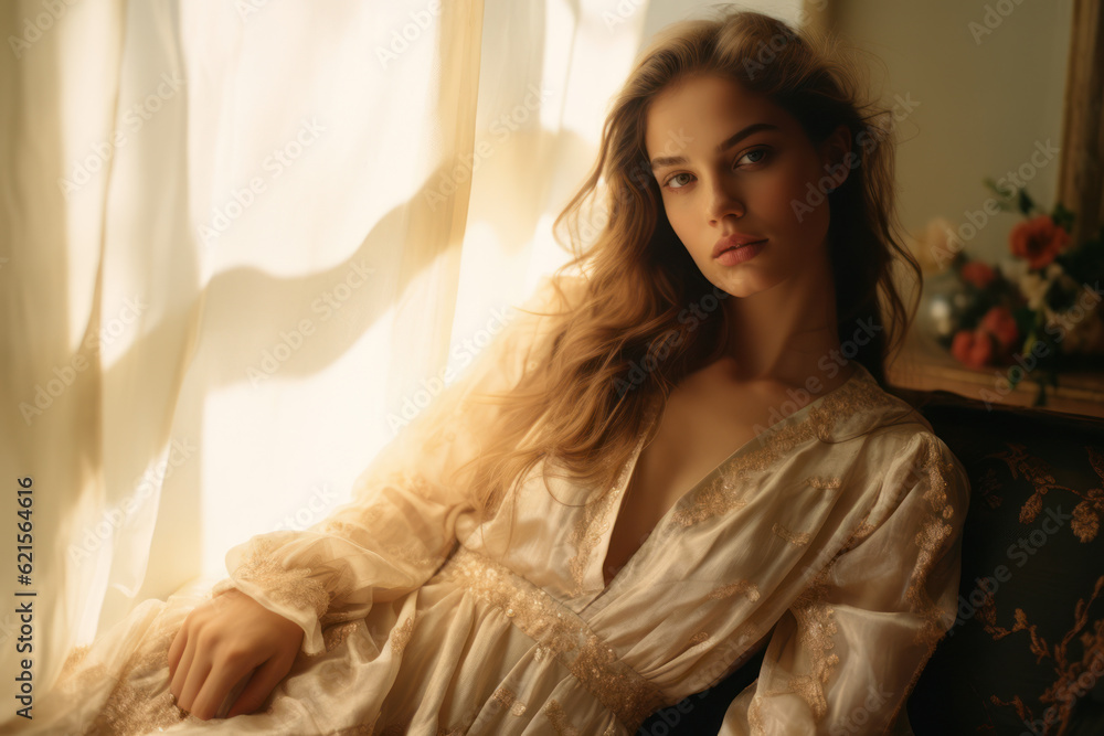 portrait of a woman/model/book character standing by a window in warm daylight with a thoughtful/sad expression in a fashion/beauty editorial magazine style film photography look - generative ai art portrait of a woman/model/book character standing by a window in warm daylight with a thoughtful/sad expression in a fashion/beauty editorial magazine style film photography look - generative ai art