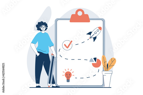 Strategic planning concept with people scene in flat design for web. Man creating success plan of startup launching and developing. Vector illustration for social media banner, marketing material.