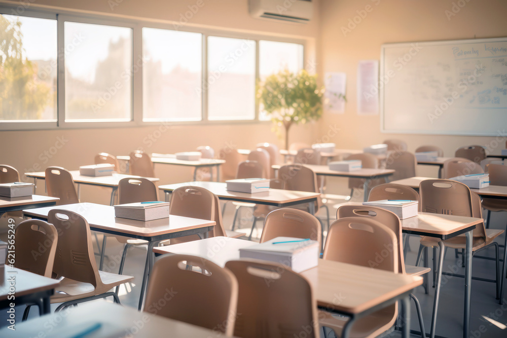 Fototapeta premium School classroom interior. Empty students desks and chairs, big windows 