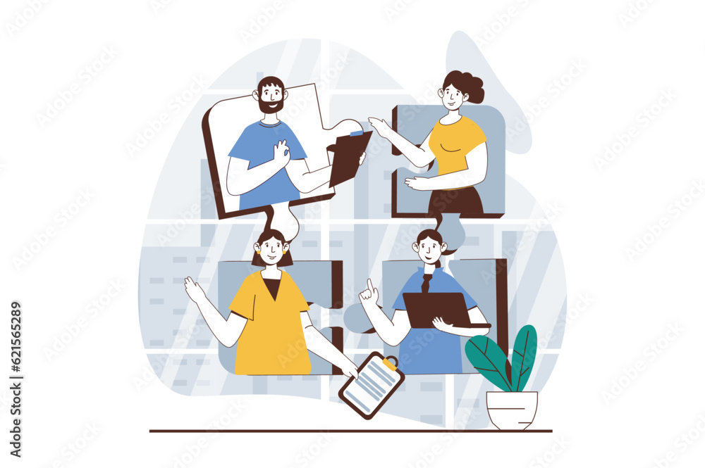 Teamwork concept with people scene in flat design for web. Man and woman working in team, discussing project parts and making tasks. Vector illustration for social media banner, marketing material. Teamwork concept with people scene in flat design for web. Man and woman working in team, discussing project parts and making tasks. Vector illustration for social media banner, marketing material.