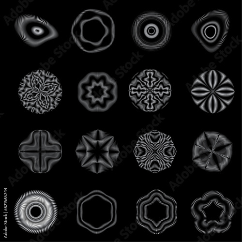 A collection of elegant circles art deco frames and abstract geometric design templates, a luxury linear ornament with vintage silver touch charm, utilized for branding, decoration, logo, icon, and mo