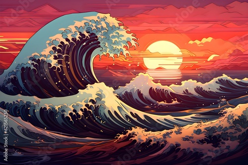Ocean landscape with big waves in a Pixel Art style
