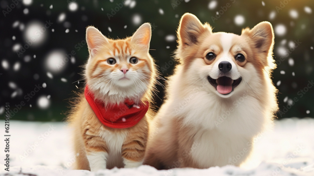 Cute red cat and Welsh Corgi dog on snow background.Christmas Winter-Themed Pet.
Happy International Cat Day And National Dog Day.
Merry Christmas And Happy New Year Concept. Cute red cat and Welsh Corgi dog on snow background.Christmas Winter-Themed Pet.
Happy International Cat Day And National Dog Day.
Merry Christmas And Happy New Year Concept.