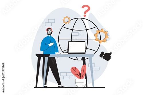 Technical support concept with people scene in flat design for web. Man answering calls at helpdesk, consulting and gets feedback. Vector illustration for social media banner, marketing material.