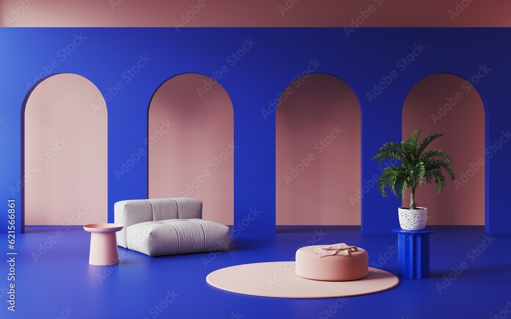 Bright interior with dark blue arches and blue floor. Pink walls and furniture. Memphis design style. Pink round carpet and pink pouf, potted palm trees, pink coffee table, soft sofa. 3d rendering Bright interior with dark blue arches and blue floor. Pink walls and furniture. Memphis design style. Pink round carpet and pink pouf, potted palm trees, pink coffee table, soft sofa. 3d rendering