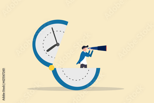 Businessman in clock using binoculars looking for future vision. Concept of time management, success, deadline and efficiency