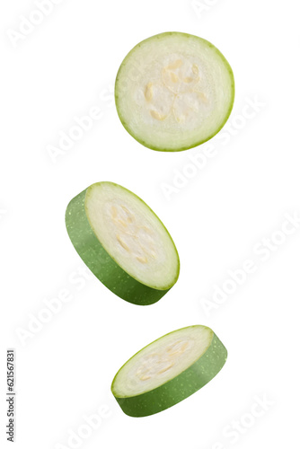 Flying marrow zucchini slices isolated on white background. Falling pieces of marrow vegetable. Can be used for advertising, packaging, banner, poster, print. Realistic 3d vector