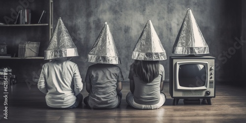 Rear view of paranoid family wearing tinfoil hats and watching tv, concept of Conspiracy theories, created with Generative AI technology