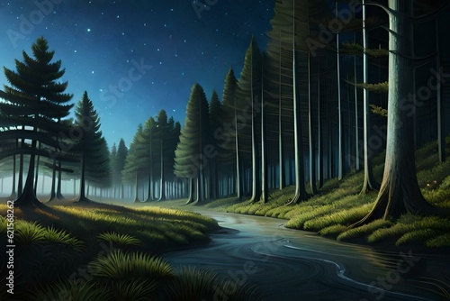  highly detailed depiction of a serene forest at night