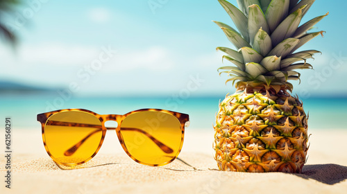 Sunglasses and ananas on the beach. Summer feelings, tropical holidays, vacation concept. Generative AI. photo